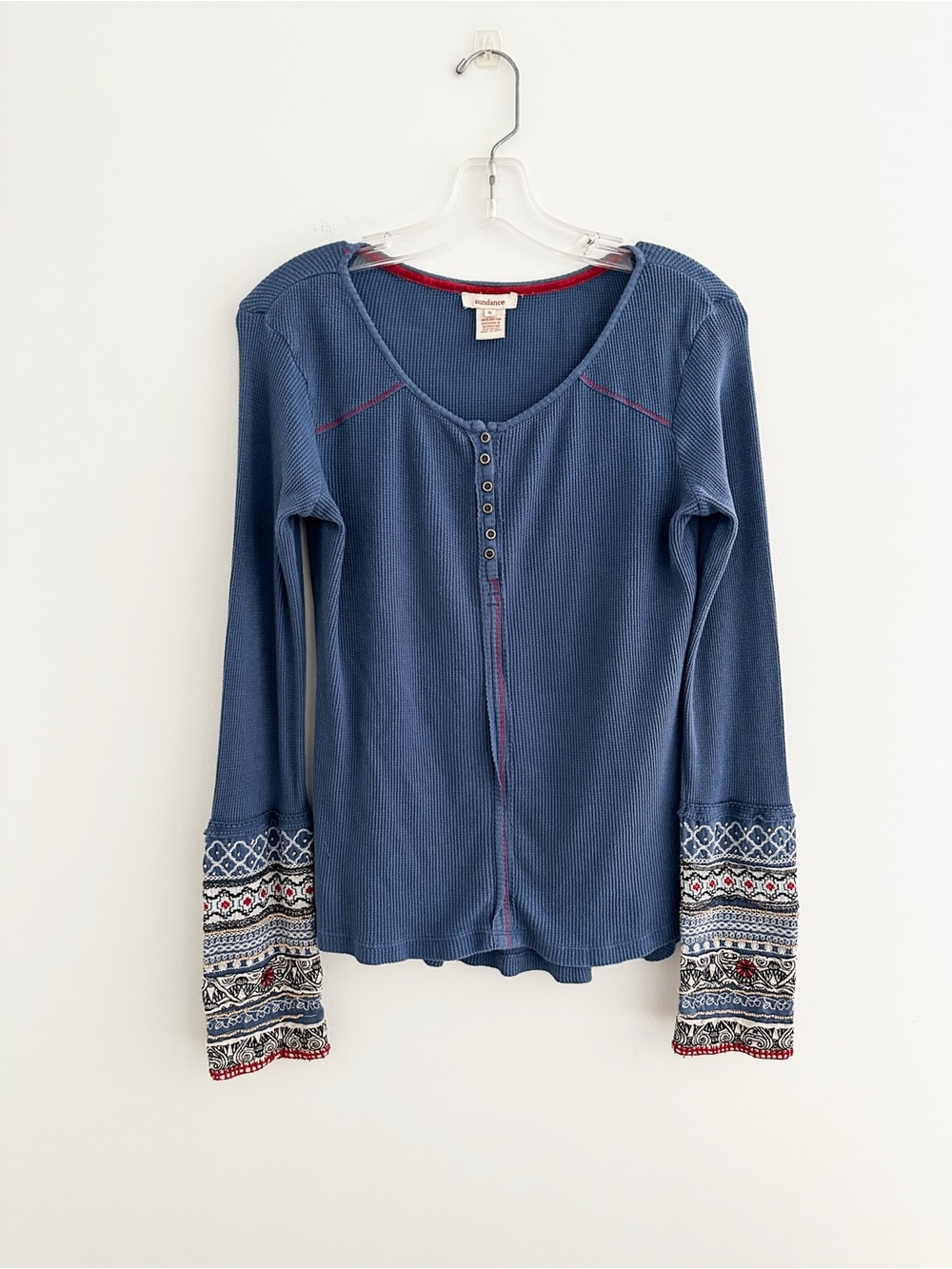 Sundance Caitlin Embroidered Beaded Cuff Henley Top Size Small Blue Waffle Knit - Picture 7 of 7